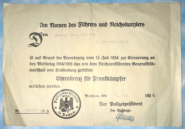 Ehrenkreuz des Weltkrieges - German World War I Honor Cross with Award Document - Derrittmeister Militaria Group