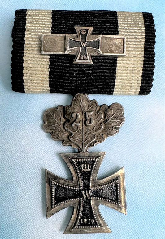 German Iron Cross Miniature 1870 2nd class with 25 year oak leaves and 1914 spange - Derrittmeister Militaria Group