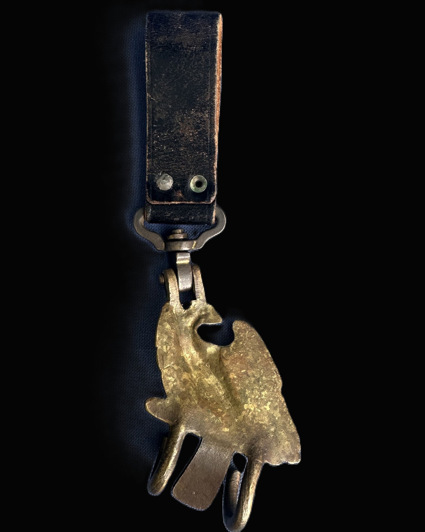 Imperial German Military Drum Hook – Stylized Eagle with Fasces, Mounted on Leather Strap