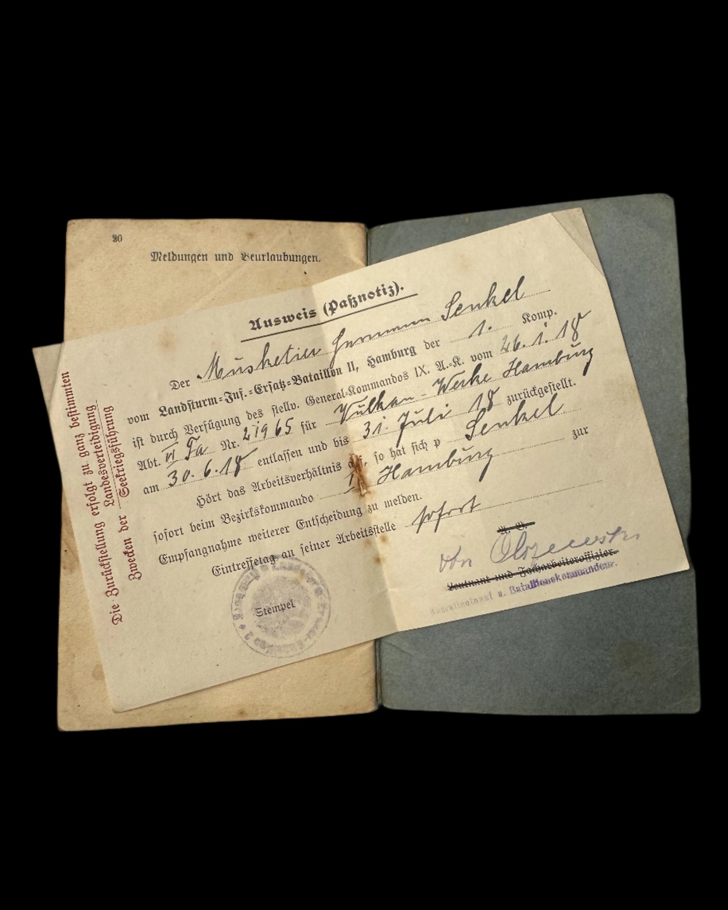 WWI German Militärpaß – Hamburg Vulcan-Werke – Named to Sennholz