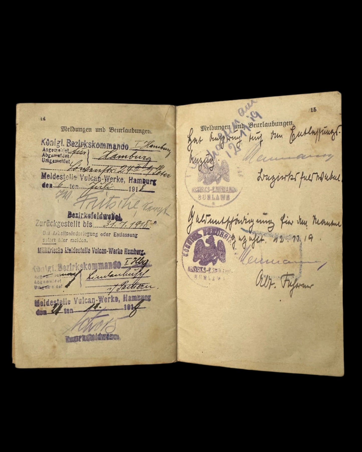 WWI German Militärpaß – Hamburg Vulcan-Werke – Named to Sennholz