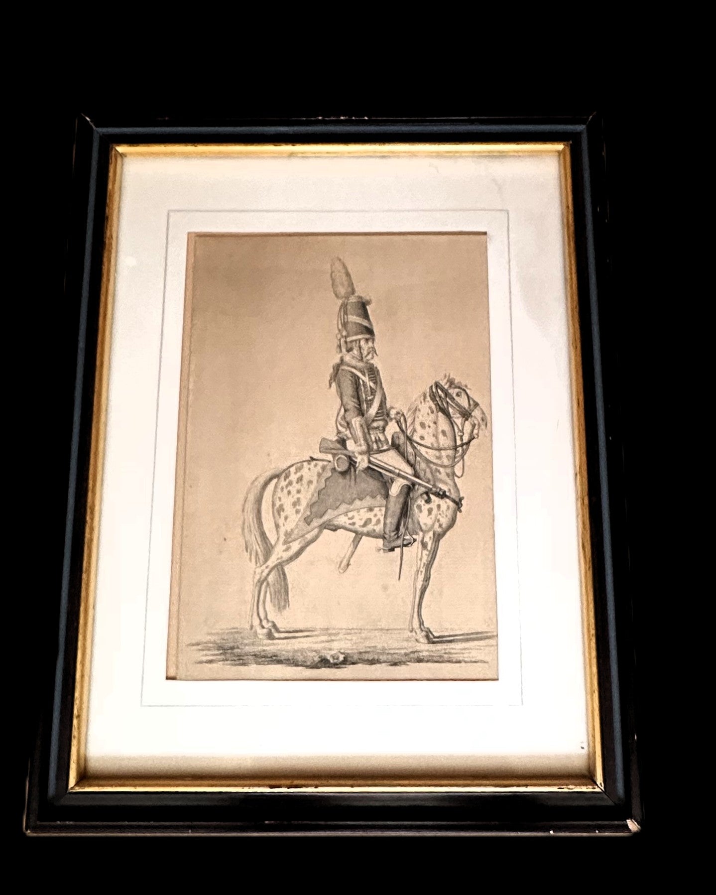 Framed pencil or lithograph-style portrait of a German cavalryman on horseback – possibly 19th-century Prussian Hussar