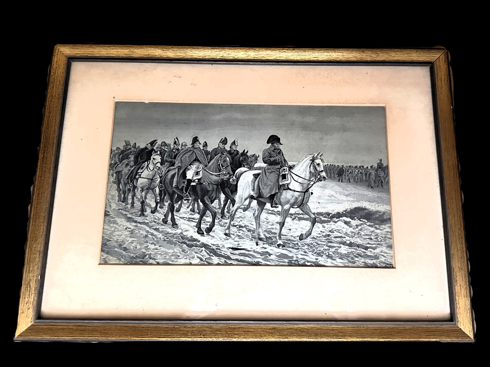Framed metallic-finish print of Napoleon on horseback with generals