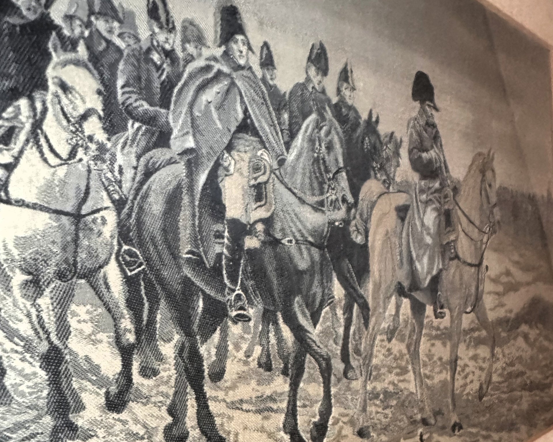 Framed metallic-finish print of Napoleon on horseback with generals