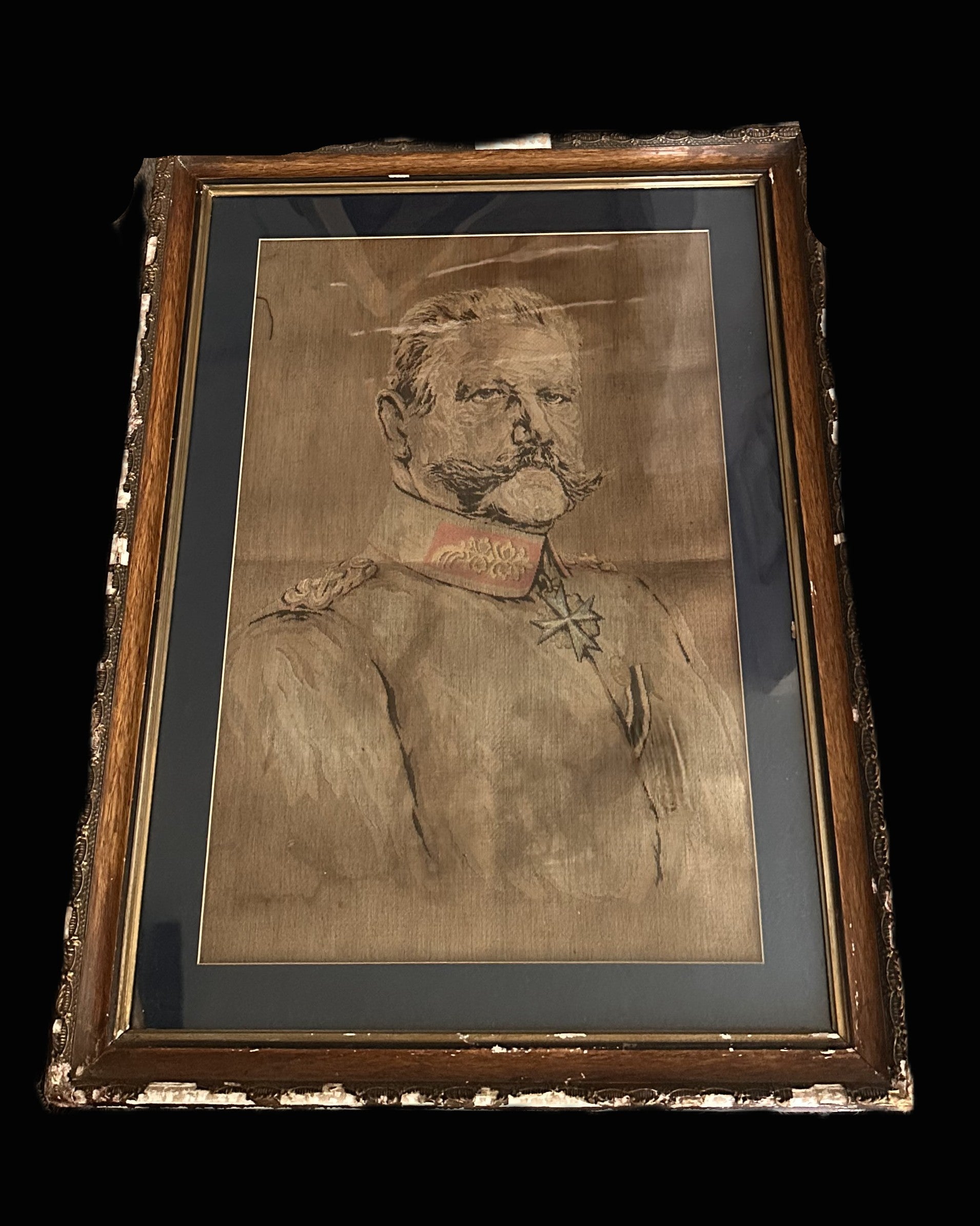 Framed WWI-Era Tapestry Portrait of Generalfeldmarschall von Hindenburg