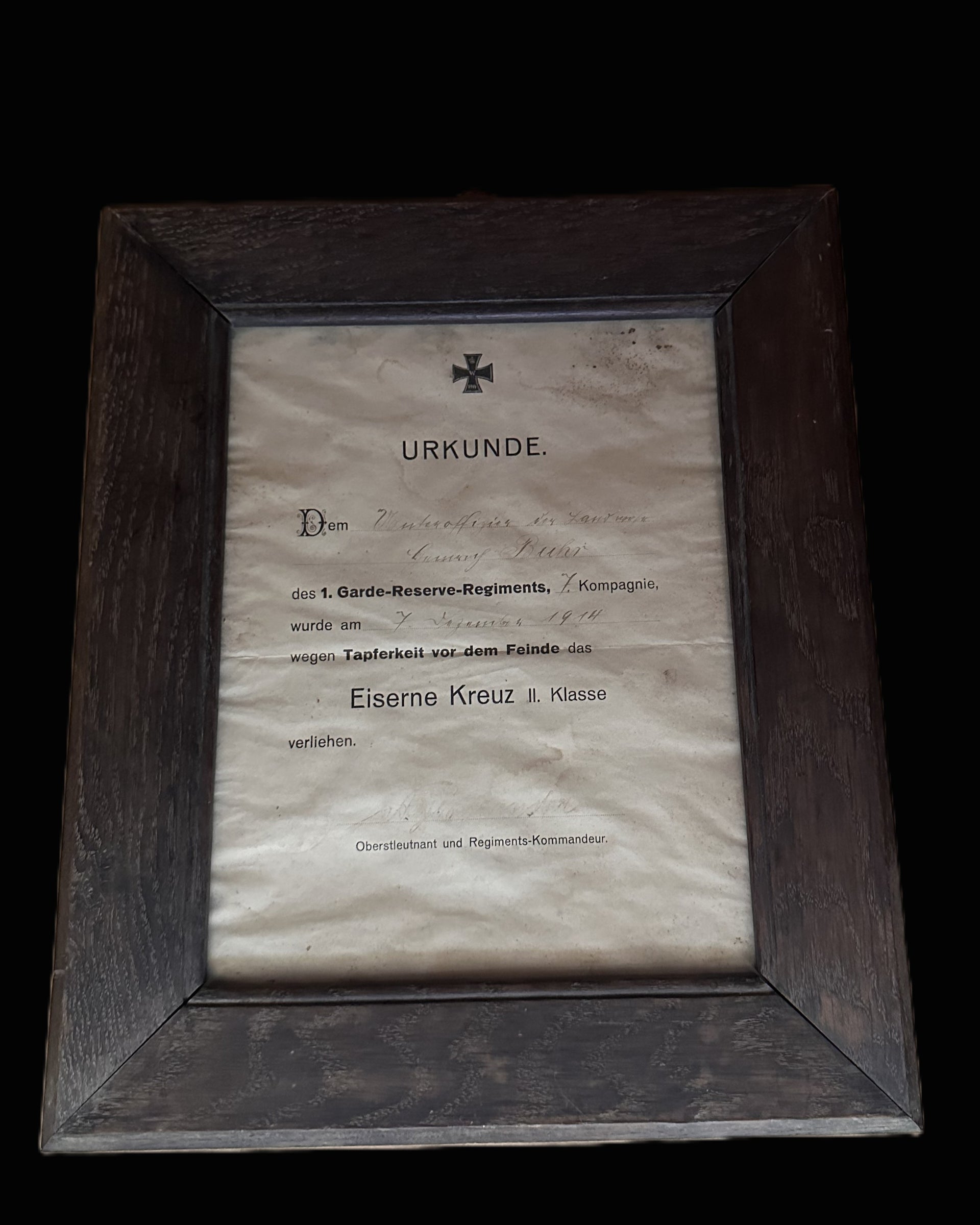 Framed Iron Cross Second Class Award Document – 1. Garde-Reserve-Regiment, 1914