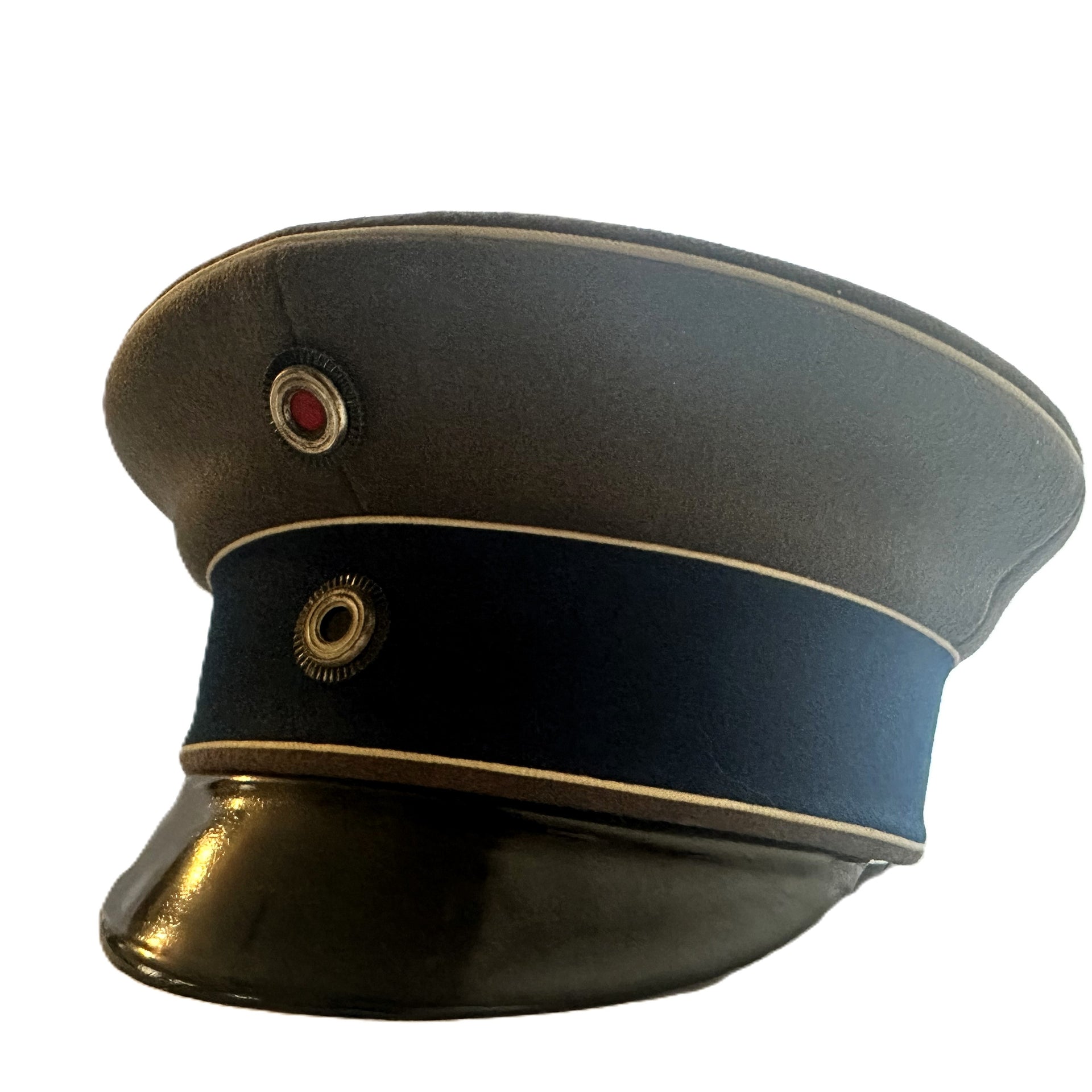 Prussian Officer’s Schirmütze – Garde-Kürassier Regiment – Feldgrau with Blue Stripe and White Piping