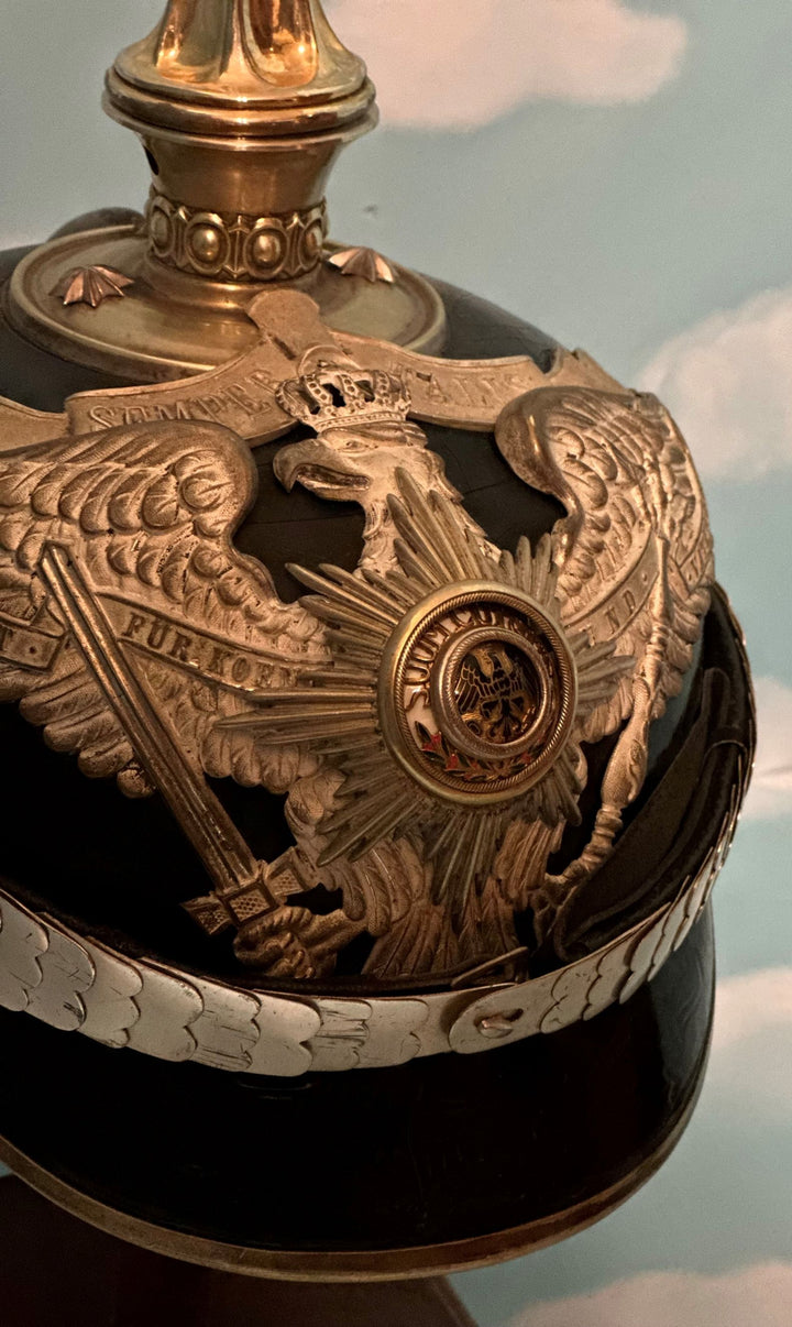 Prussia Pickelhaube / Spiked Helmet for Officer in 1. Garde-Rgt ZU FUß with Semper Talis Bandeau - Derrittmeister Militaria Group