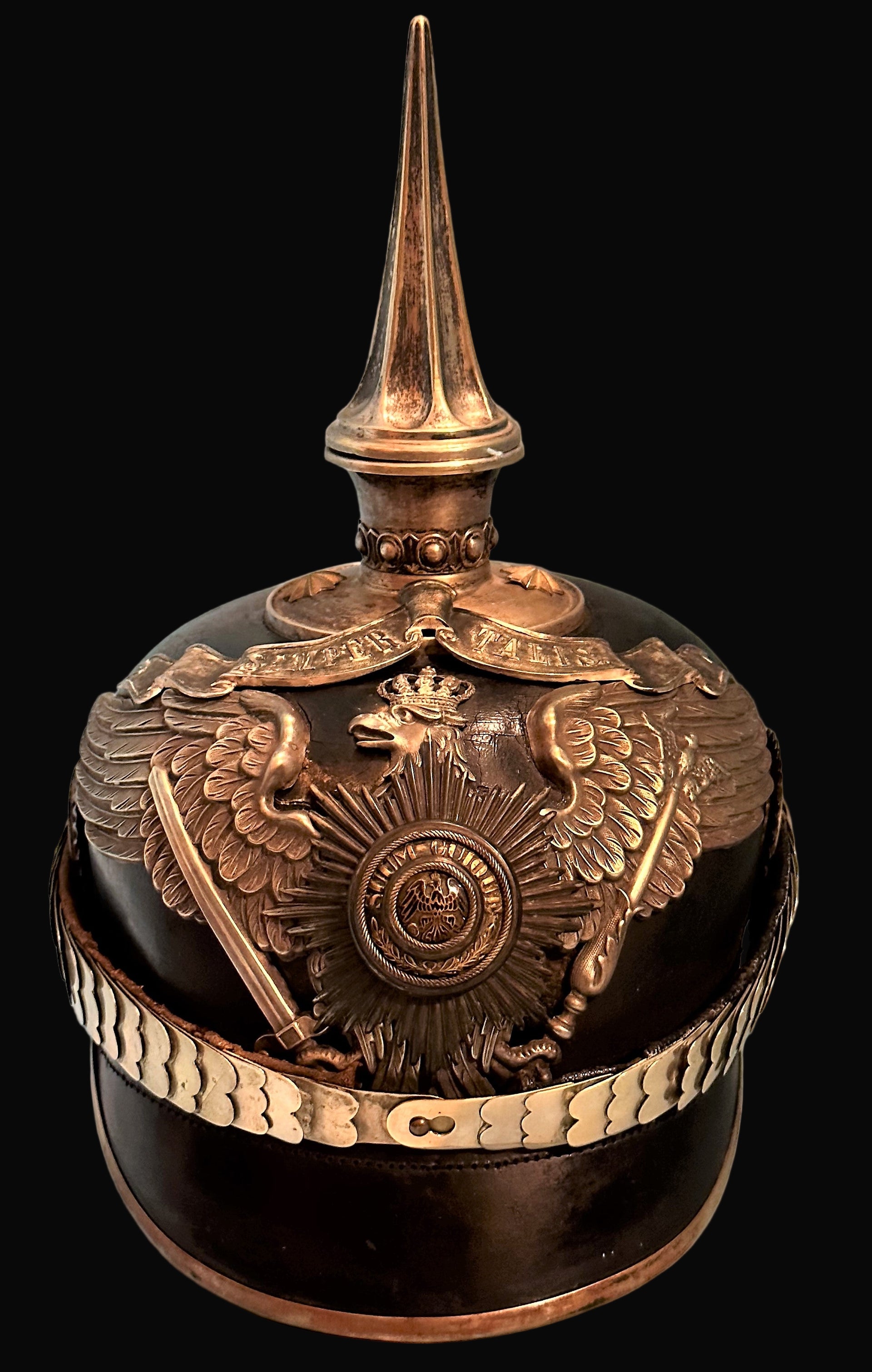 Prussia Pickelhaube / Spiked Helmet for Officer in 1. Garde Rgt Zu Fus with Semper Talis Bandeau - Derrittmeister Militaria Group