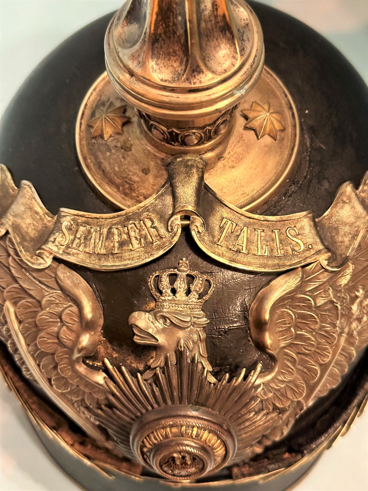 Prussia Pickelhaube / Spiked Helmet for Officer in 1. Garde Rgt Zu Fus with Semper Talis Bandeau - Derrittmeister Militaria Group