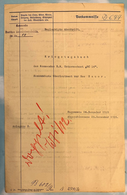 German U Boot UC 14 Kriegstagbuch (WAR DIARY) for Oberleutnant zur See Bauer - Derrittmeister Militaria Group
