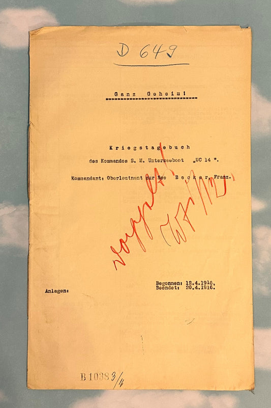 German Document for U Boot UC 14 Kriegstagbuch (War Diary) for Oberleutnant zur See Franz Becker - Derrittmeister Militaria Group