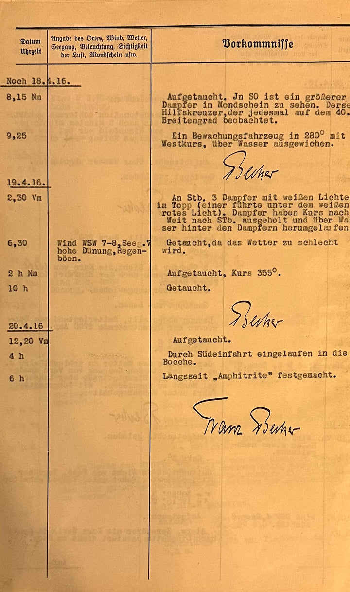 German Document for U Boot UC 14 Kriegstagbuch (War Diary) for Oberleutnant zur See Franz Becker - Derrittmeister Militaria Group