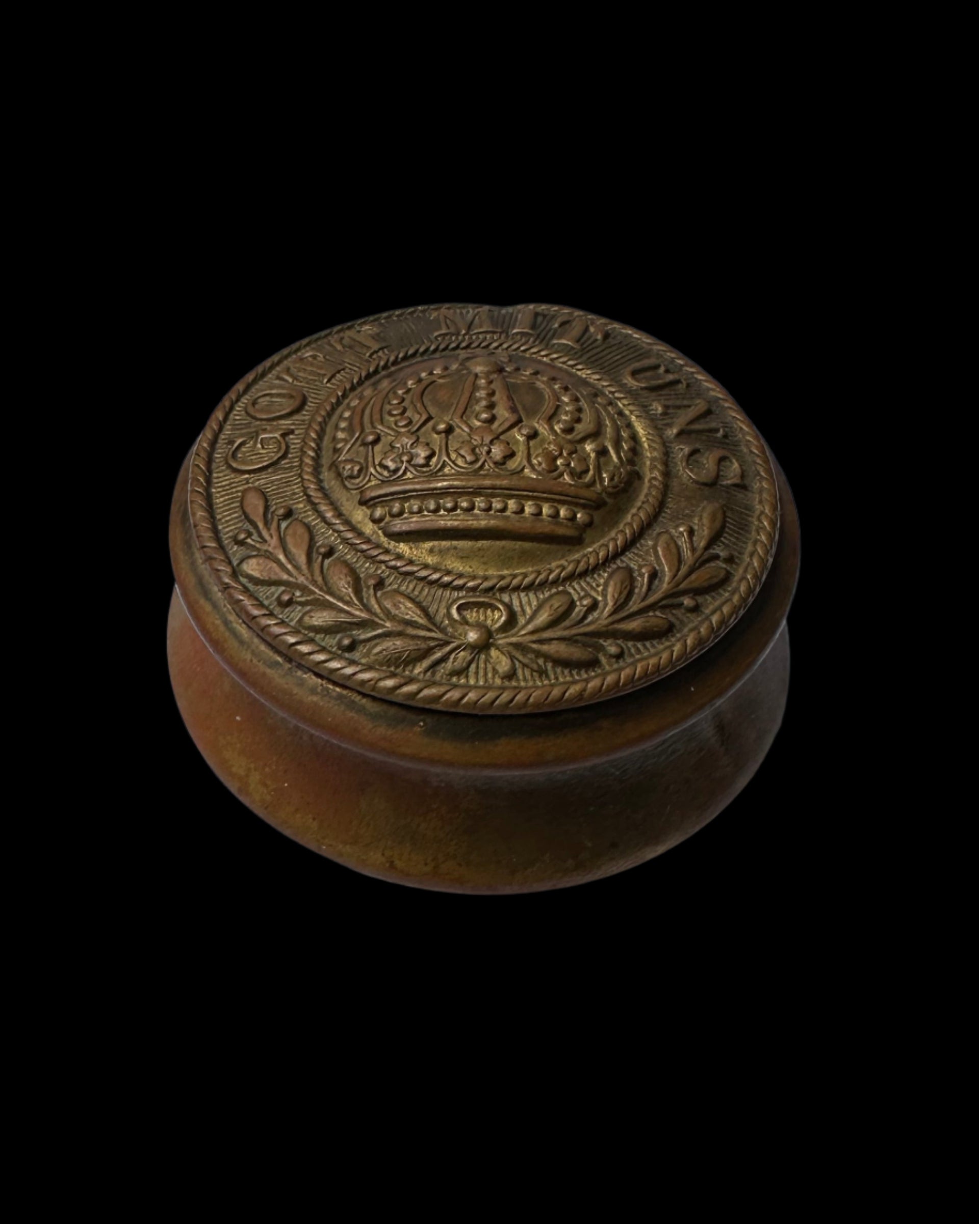 Prussian brass tobacco box with “Gott mit uns” crown motif lid