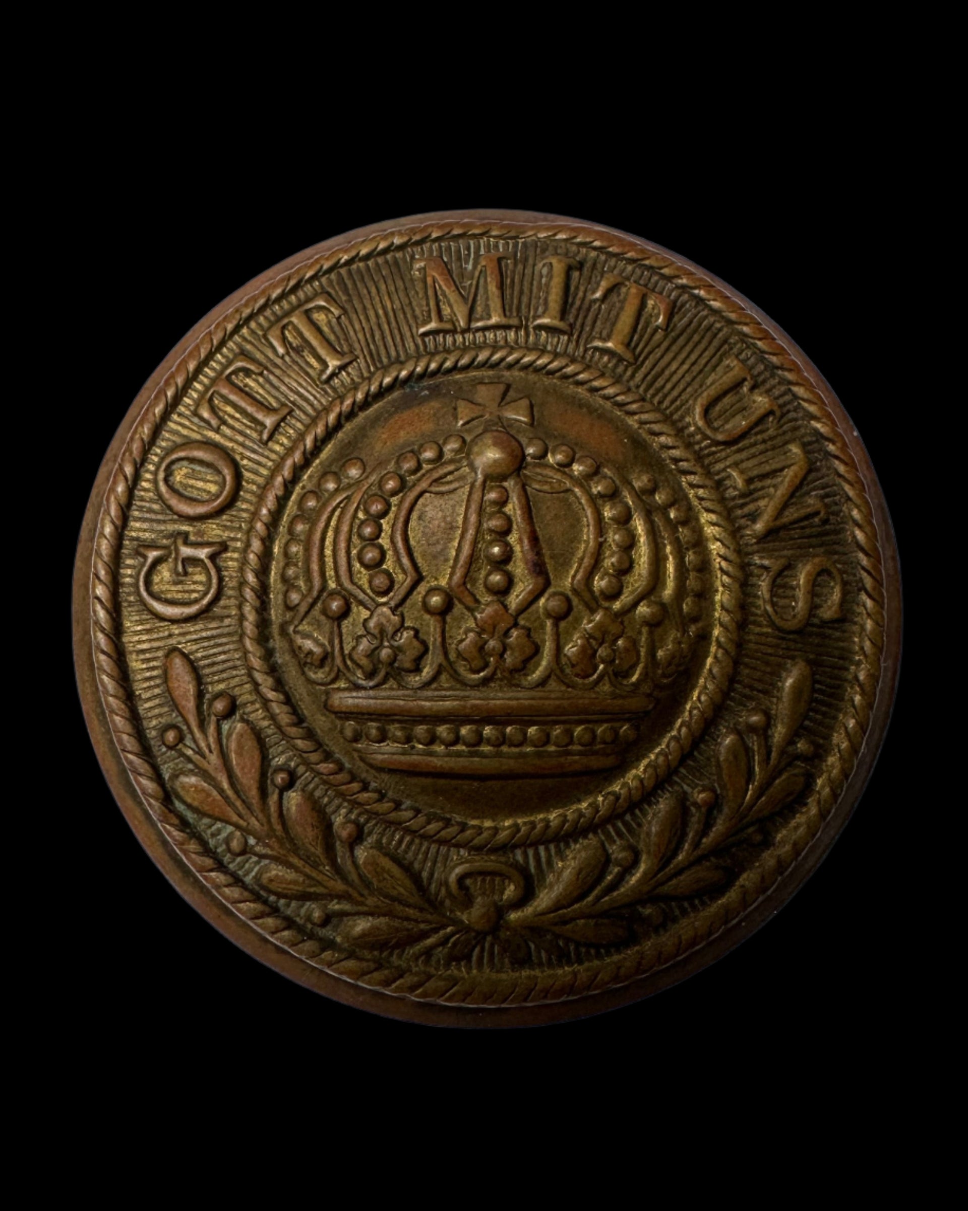 Prussian brass tobacco box with “Gott mit uns” crown motif lid