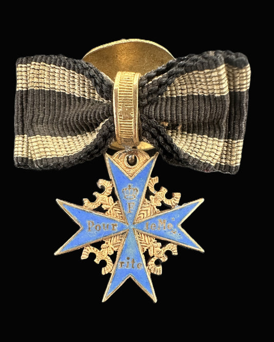 WWI German Pour le Mérite Miniature Medal with Bow – By Gebr. Godet &amp; Co., Berlin