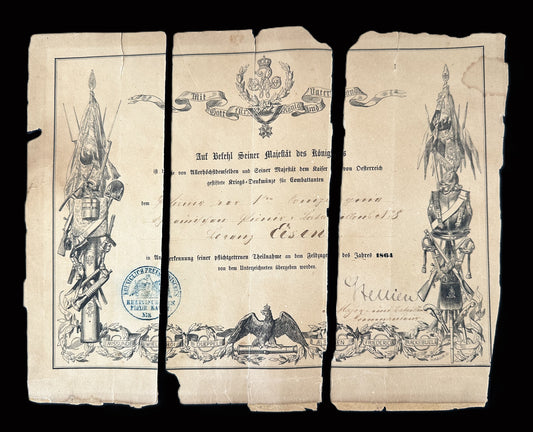 1864 Prussian War Campaign Service Recognition Certificate