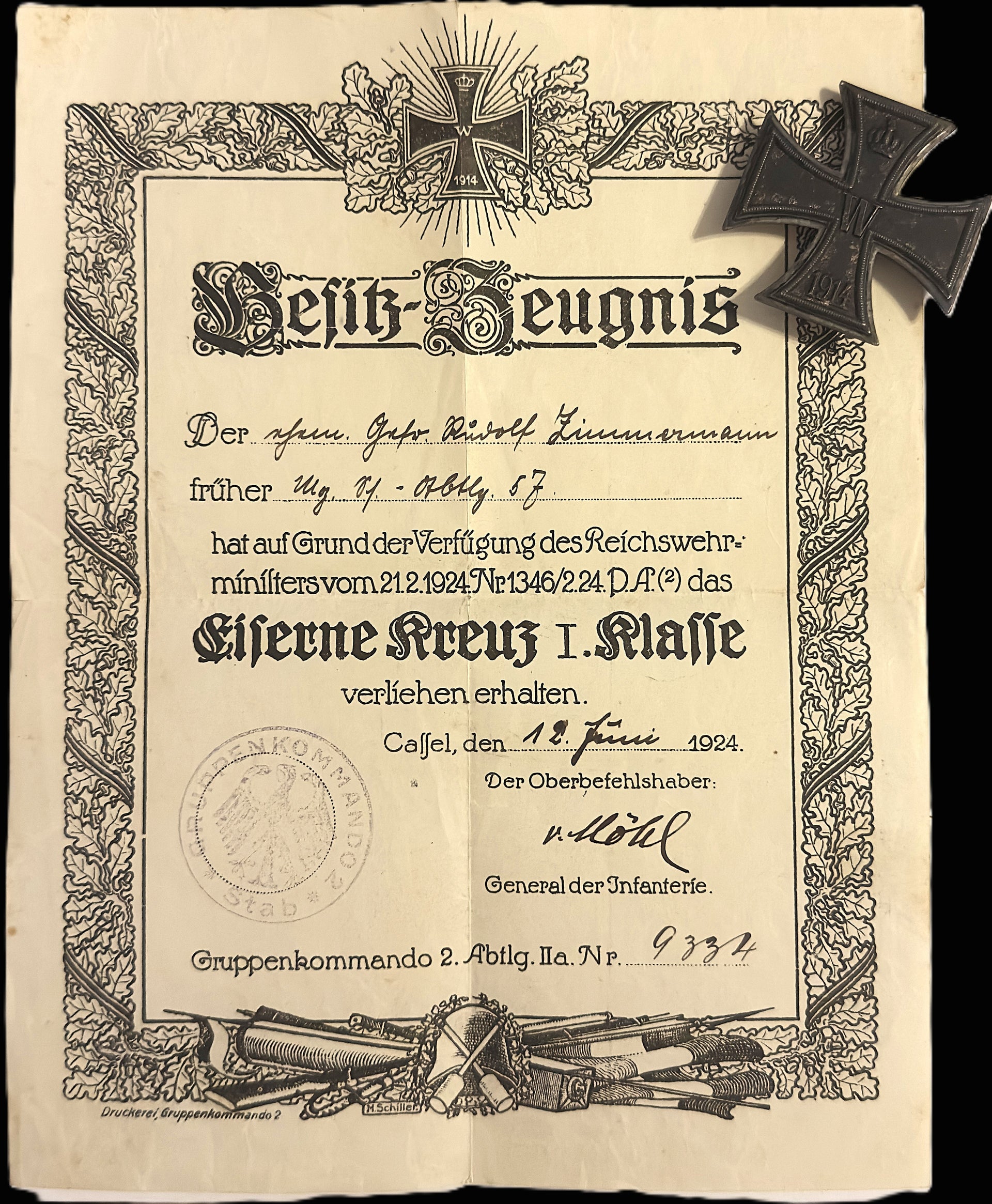 Imperial German WWI Iron Cross 1st Class 800 Silver with 1924 Named Award Document