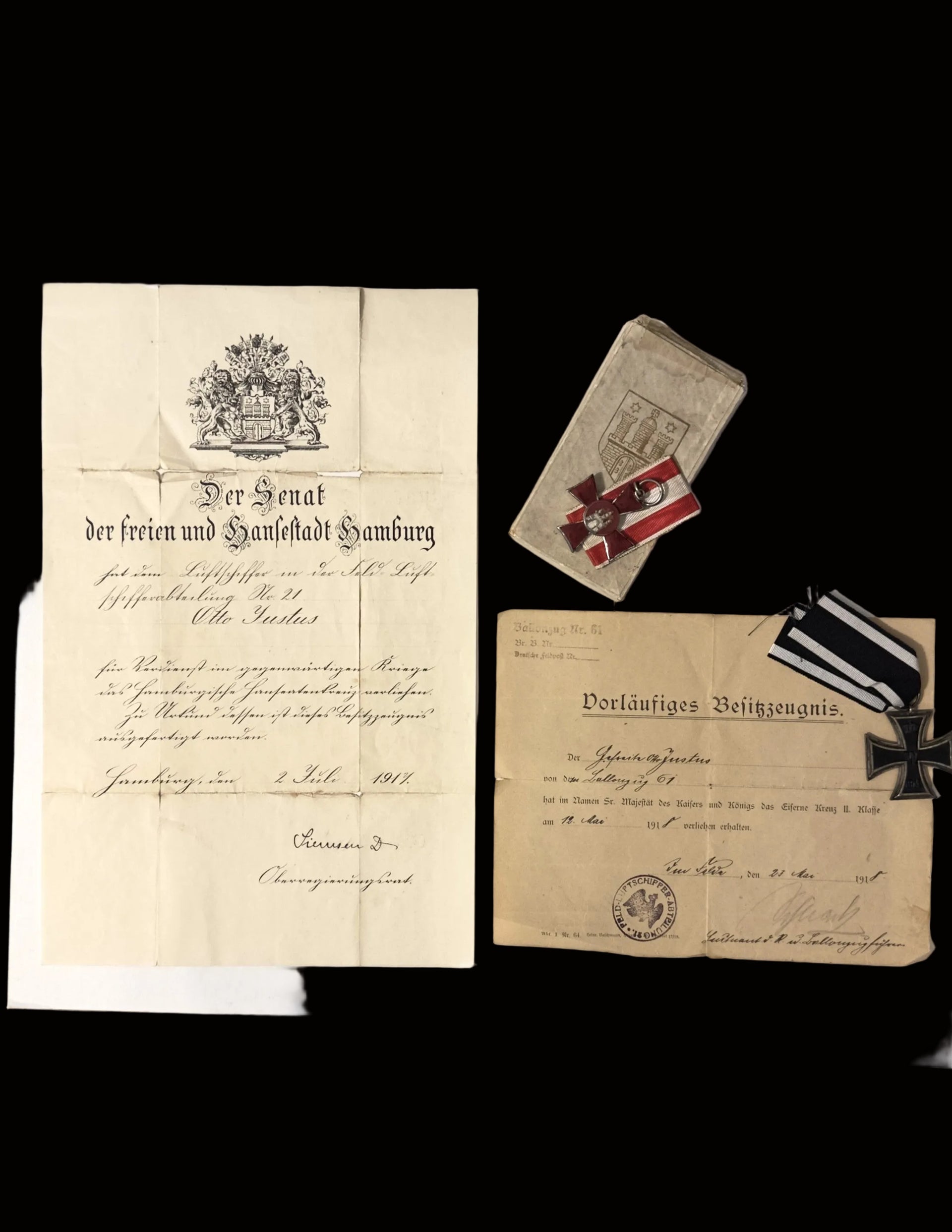 Hamburg Hanseatic Cross and Iron Cross Group Named Airshipman Otto Justus 1917 1918