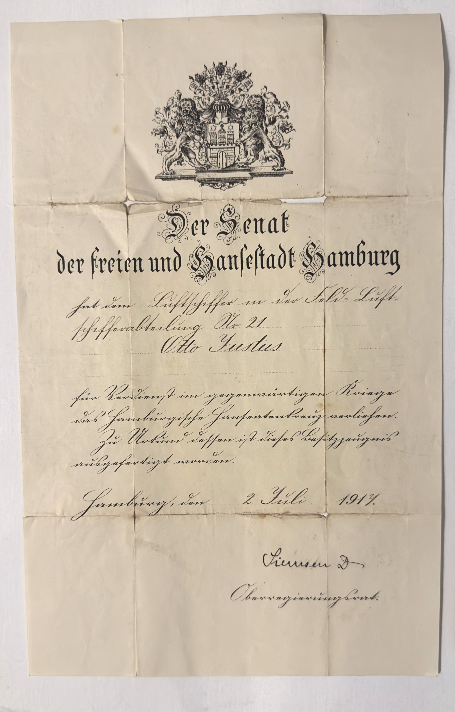 Hamburg Hanseatic Cross and Iron Cross Group Named Airshipman Otto Justus 1917 1918