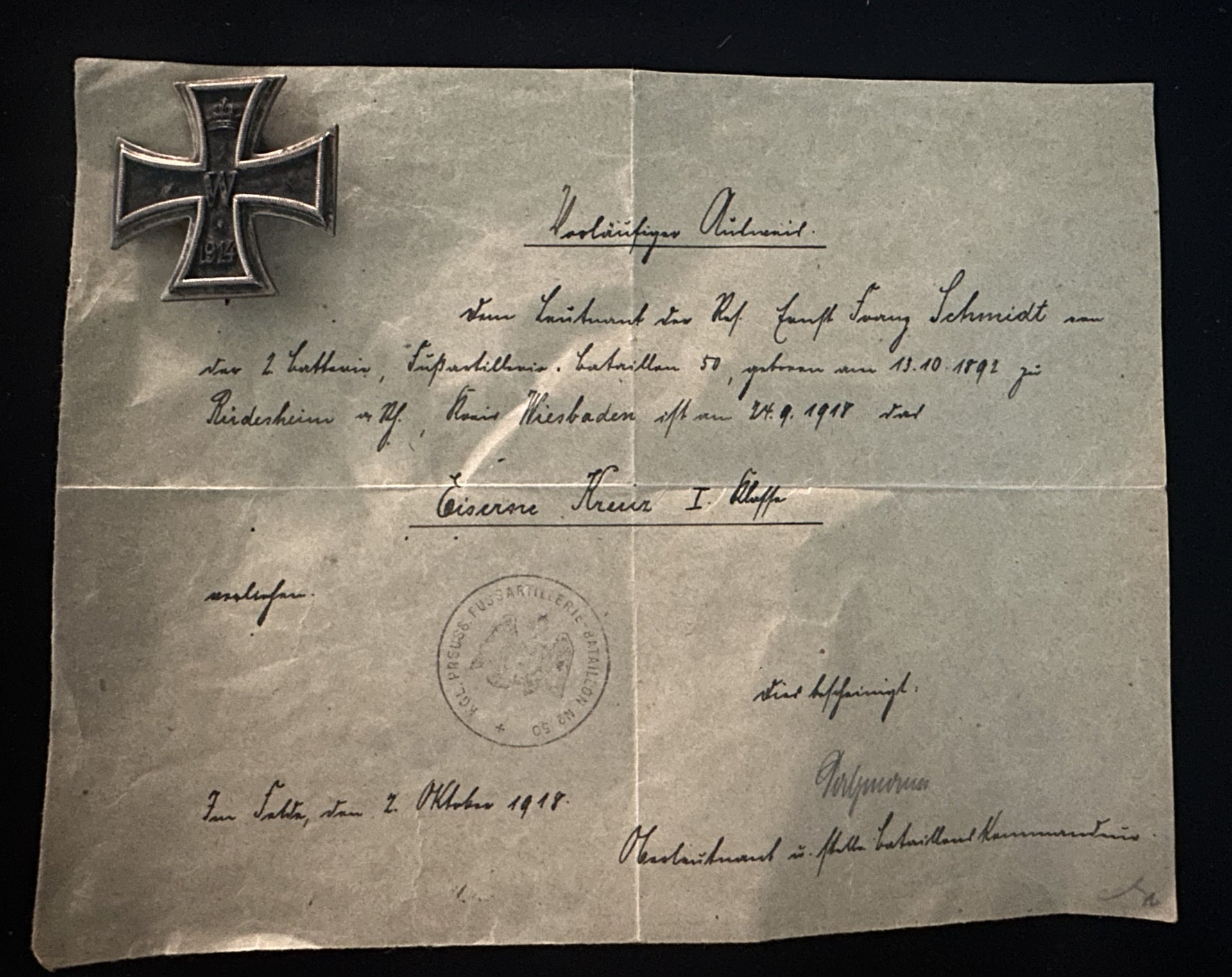 Prussia – Iron Cross 1st Class with Provisional Award Document (1918)