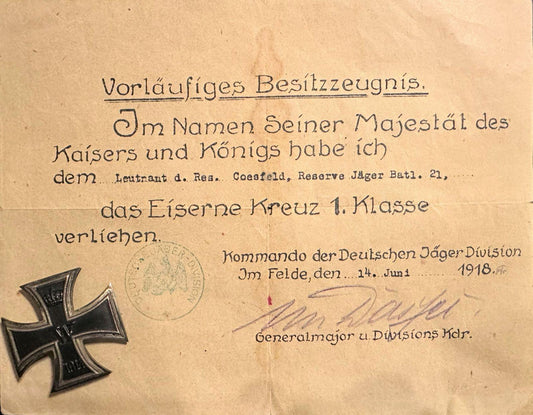 Germany Award and Document 1914 Iron Cross 1st Class Leutnant der Reserve Coesfeld - Derrittmeister Militaria Group