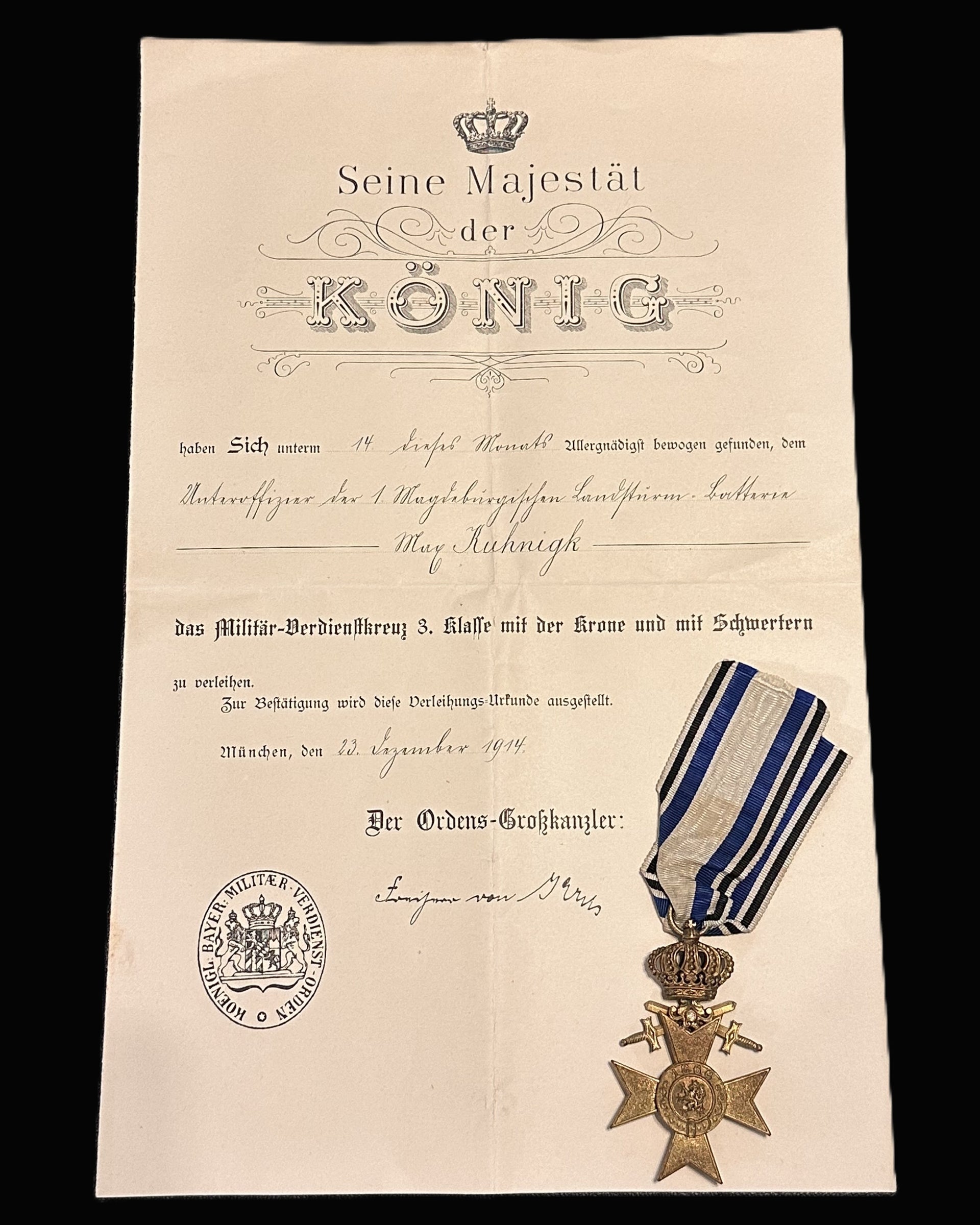 Bavarian Militär-Verdienstkreuz 3. Klasse mit Krone und Schwertern with Document