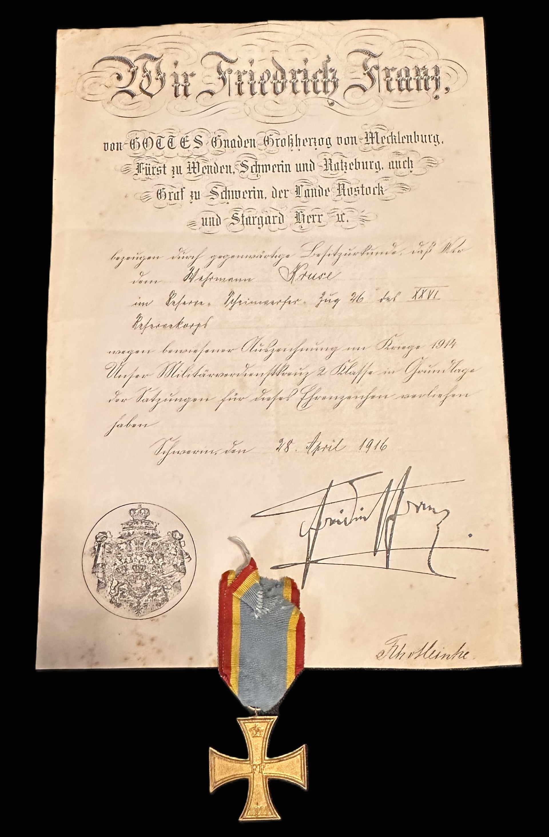 Mecklenburg-Schwerin Award with Document – Dragoner-Regt. Nr. 26