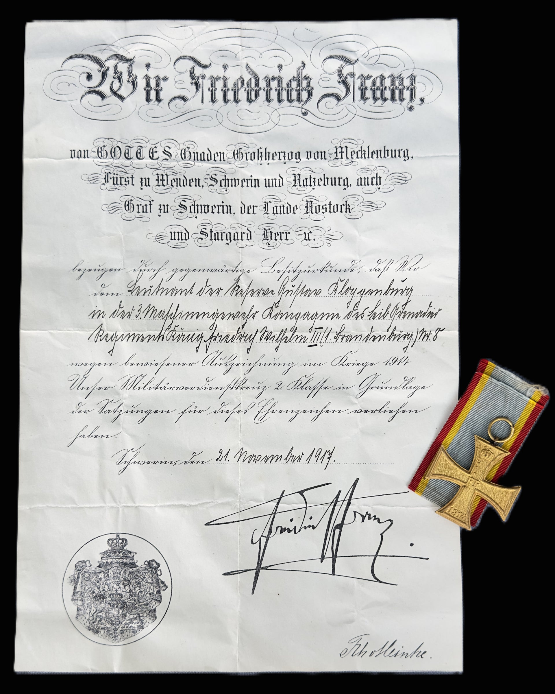 A Mecklenburg Military Merit Cross 2 Class Gold 1914 Friedrich Franz IV Document