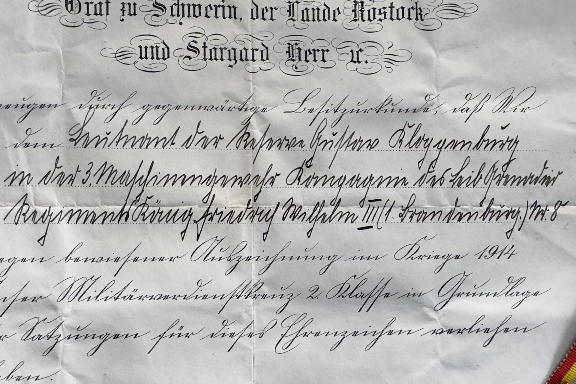 A Mecklenburg Military Merit Cross 2 Class Gold 1914 Friedrich Franz IV Document