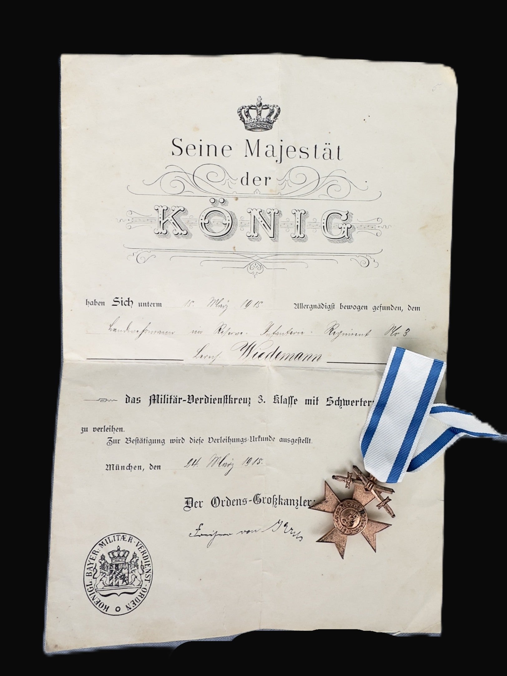 German Bavarian Military Merit Cross 3rd Class Swords WWI Named Award Document