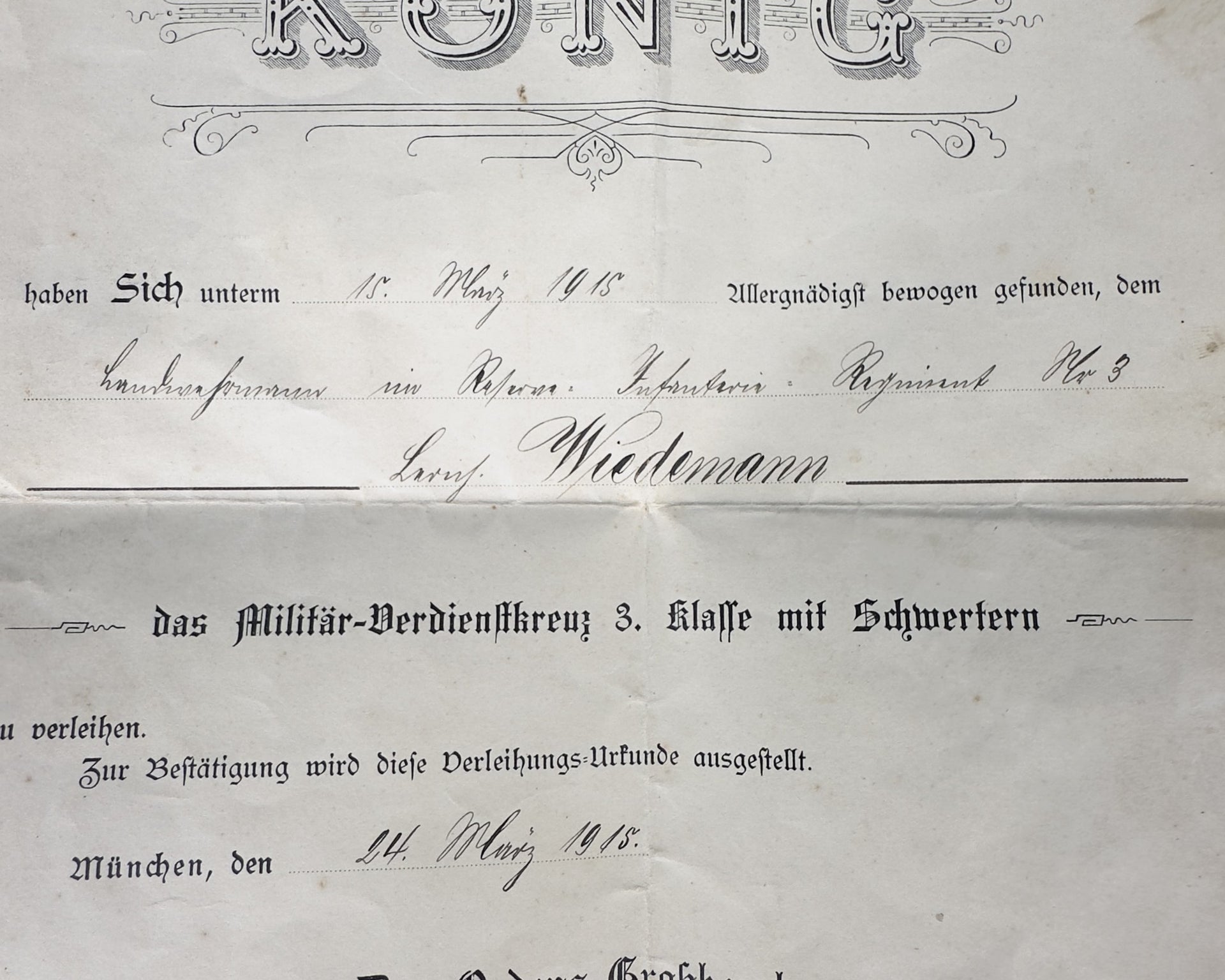 German Bavarian Military Merit Cross 3rd Class Swords WWI Named Award Document