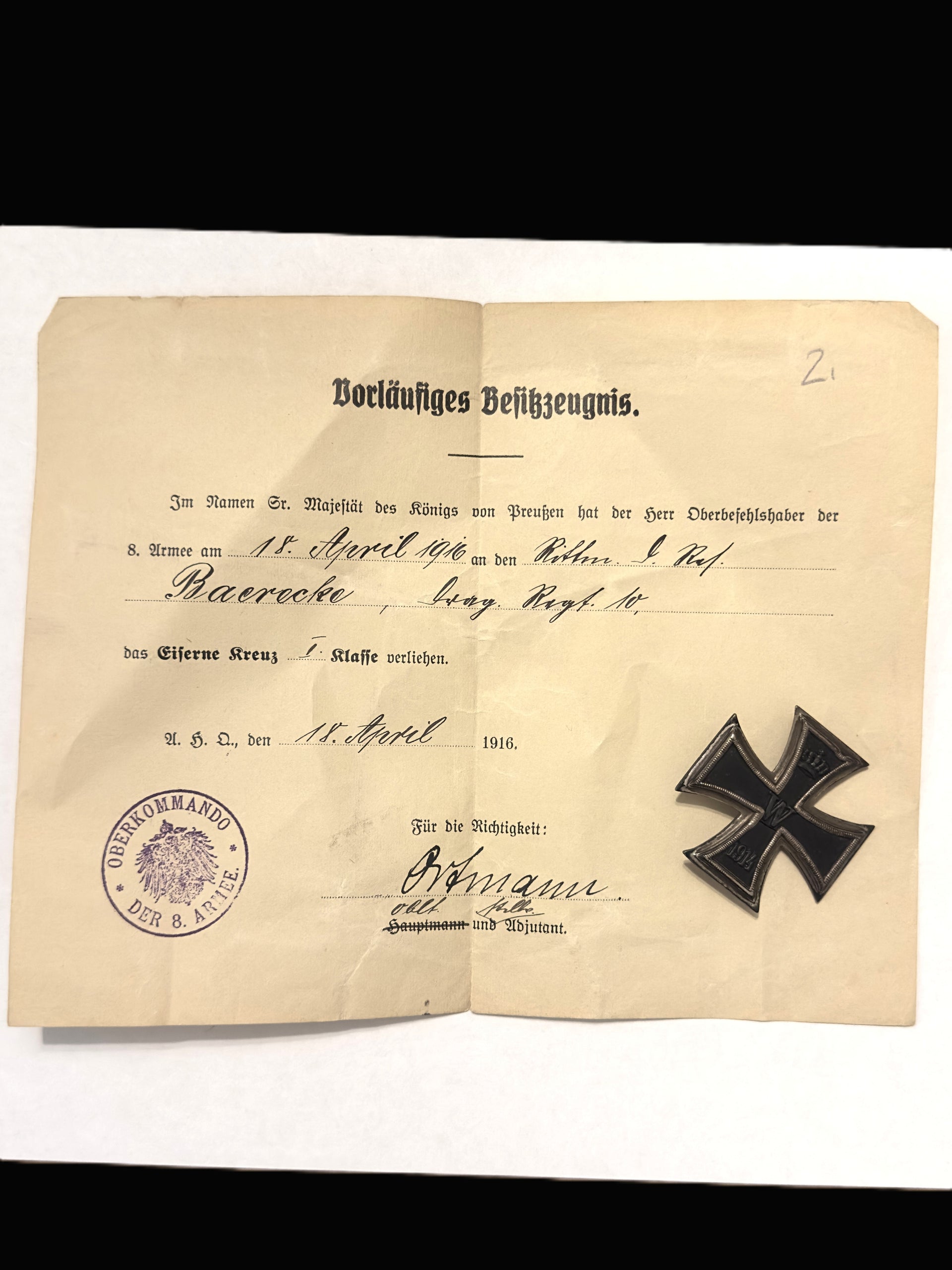Imperial German Iron Cross 1st Class 1914 with 1916 Award Document Dragoon Regiment 10
