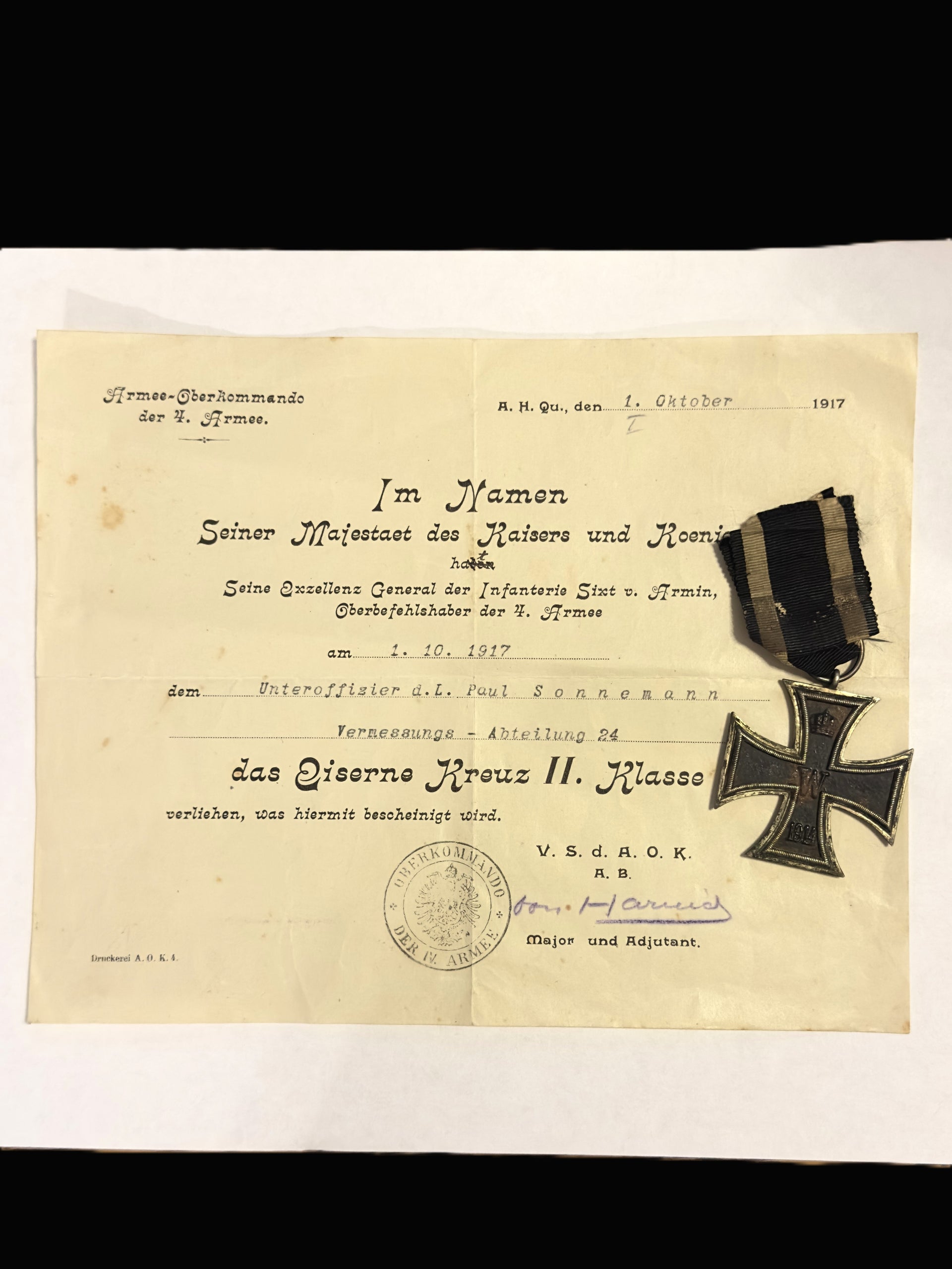 WWI Prussian Iron Cross 2nd Class & Paul Sonnemann Award Document