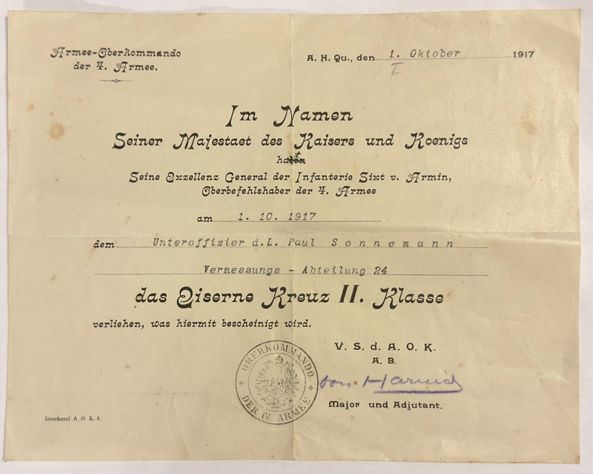 WWI Prussian Iron Cross 2nd Class & Paul Sonnemann Award Document