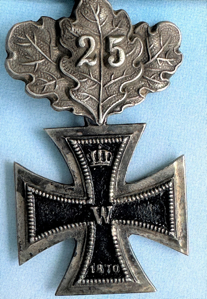 German Iron Cross Miniature 1870 2nd class with 25 year oak leaves and 1914 spange - Derrittmeister Militaria Group