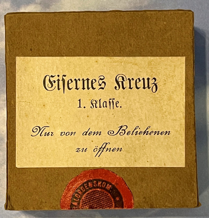 1914 Iron Cross 1st Class in Original Presentation Case and Cardboard Shipping Carton - Named to the Original Recipient - Derrittmeister Militaria Group