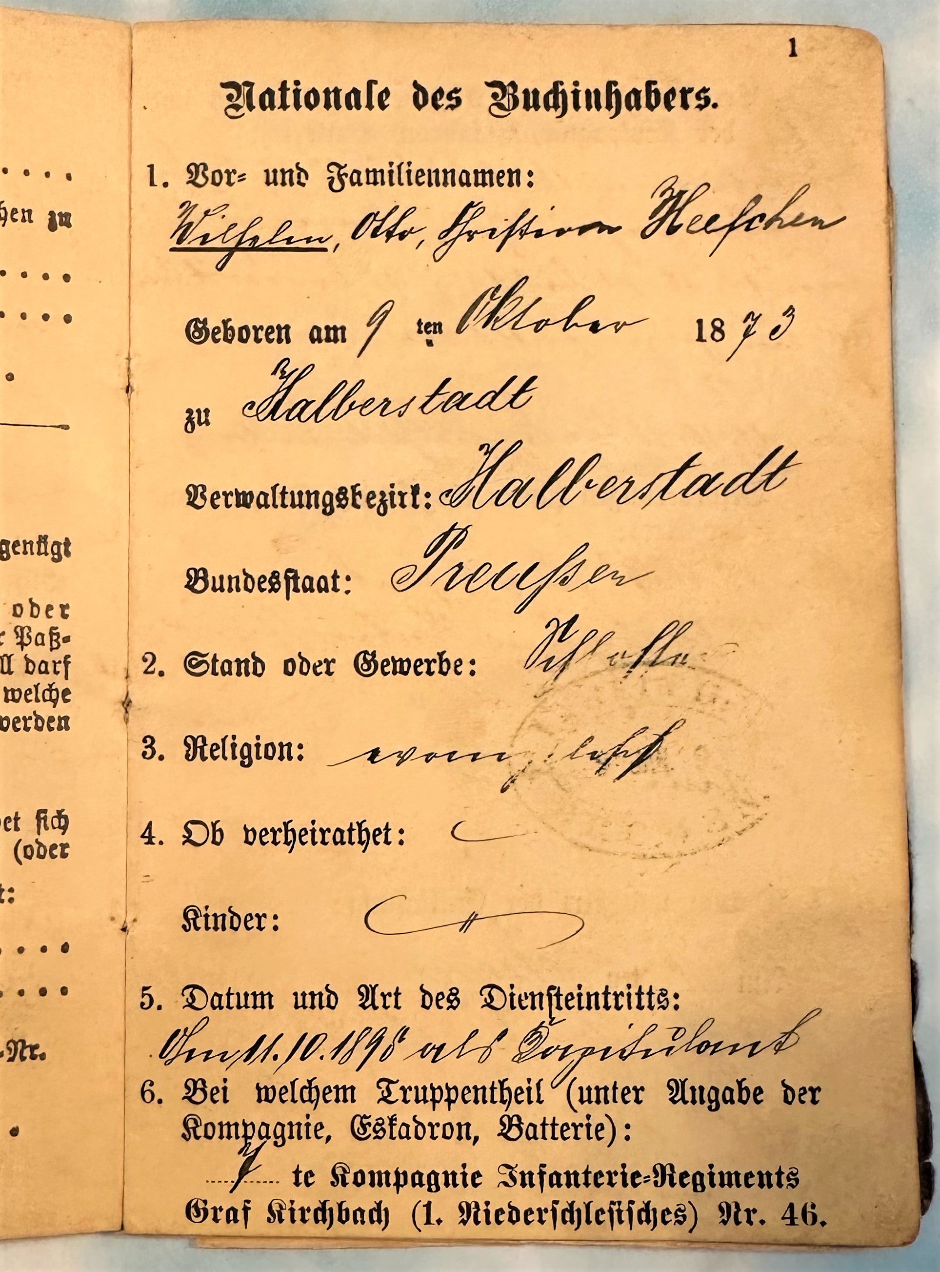 MILITÄRPAß - Unterofficer Heefehen from Halberstadt, Prussia (1895) - Derrittmeister Militaria Group