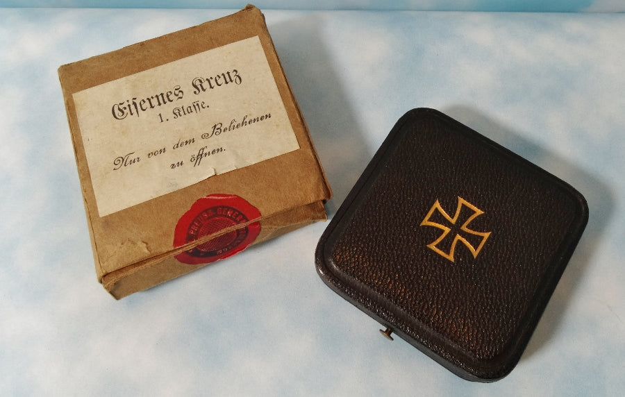 German Iron Cross 1914 1st Class with Original Presentation Case and Shipping Container - Derrittmeister Militaria Group
