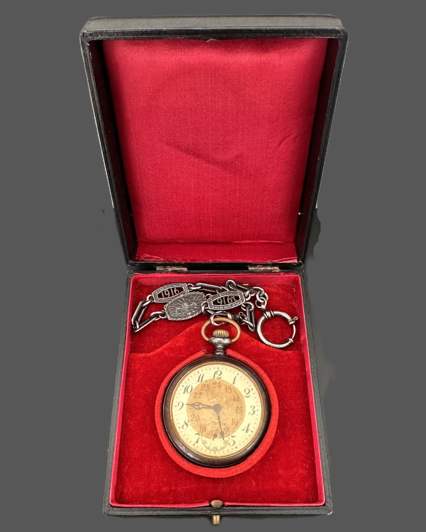 World War I German Pocket Watch with Commemorative Chain – "In Eiserner Zeit 1916" – Original Boxed Set