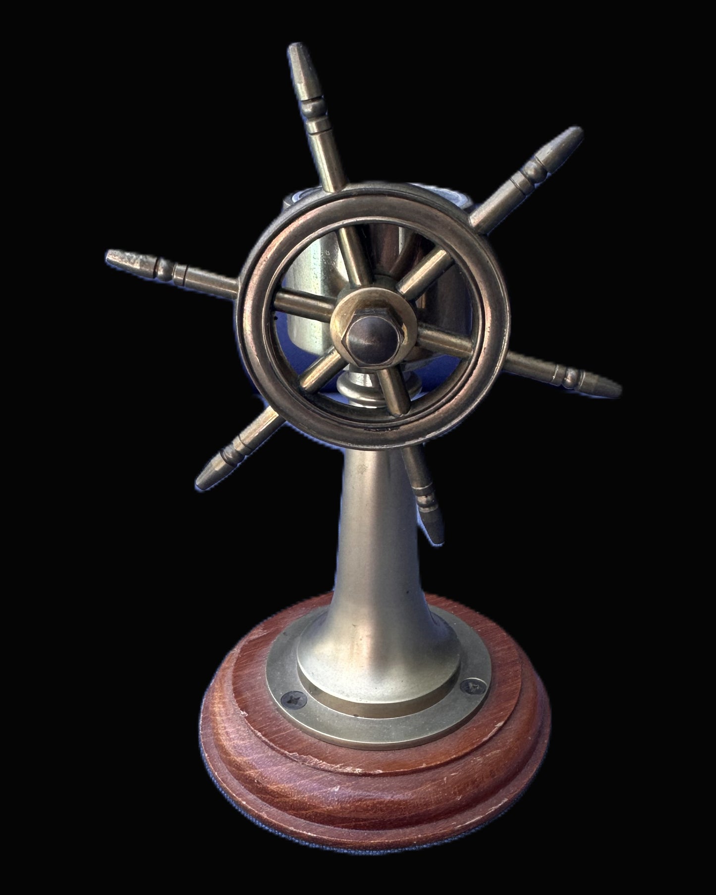 Brass and Wood Nautical Desk Compass with Ship’s Wheel Stand