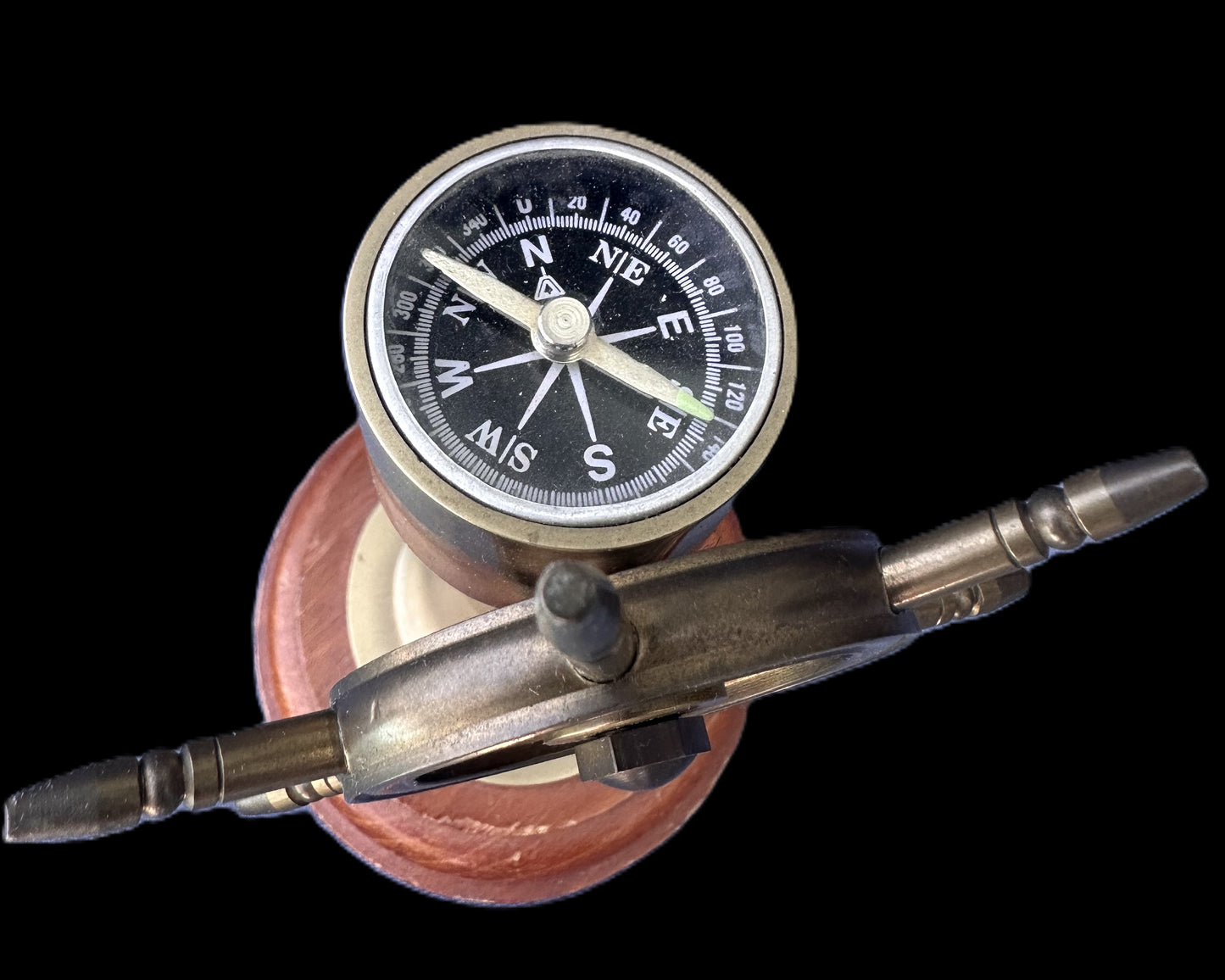 Brass and Wood Nautical Desk Compass with Ship’s Wheel Stand