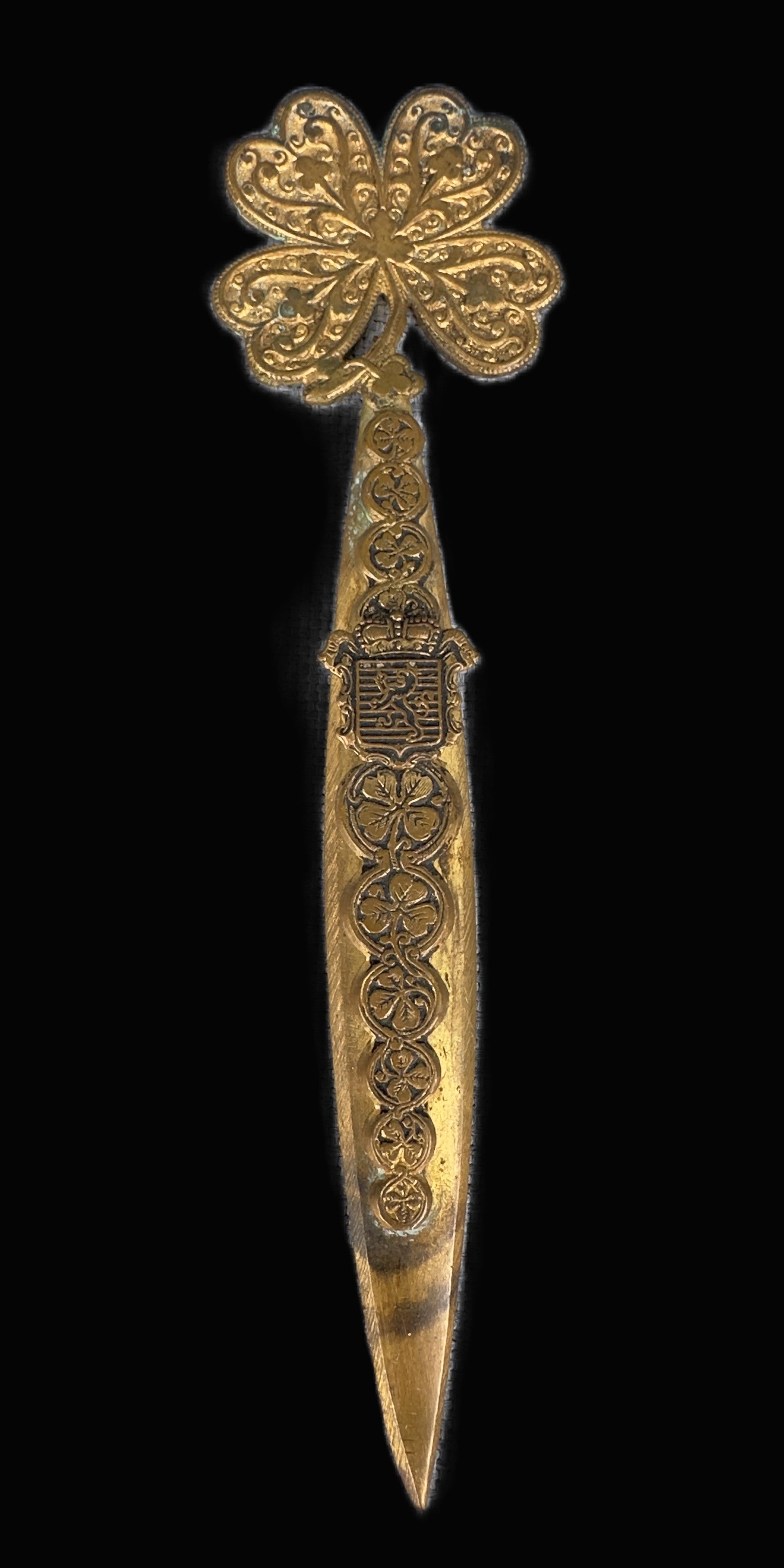 Antique Luxembourg Souvenir Letter Opener Echternach Four Leaf Clover Brass