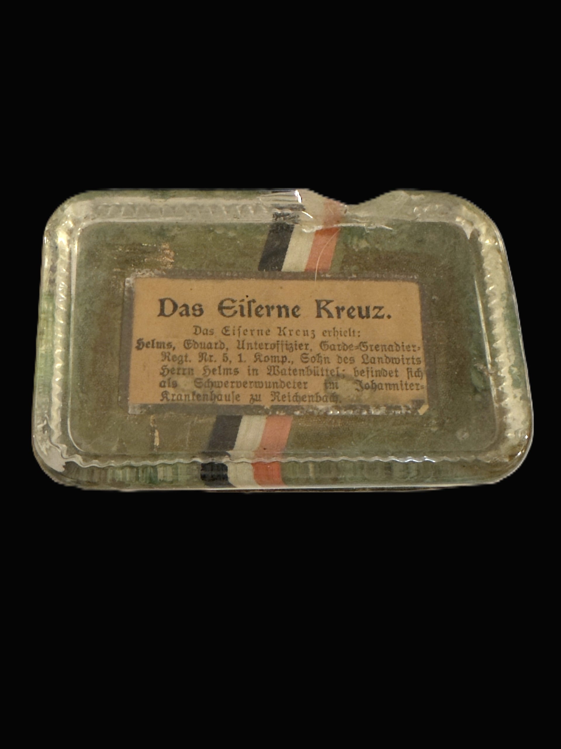 Imperial German WWI Iron Cross Award Paperweight Named Uffz Helms Garde-Gren Rgt 5