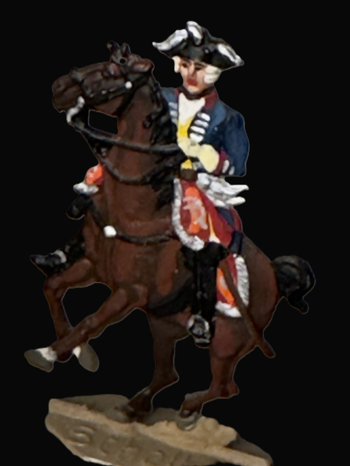 A painted miniature figurine of a historical soldier riding a brown horse, mounted on a stone-like base against a solid black background.
