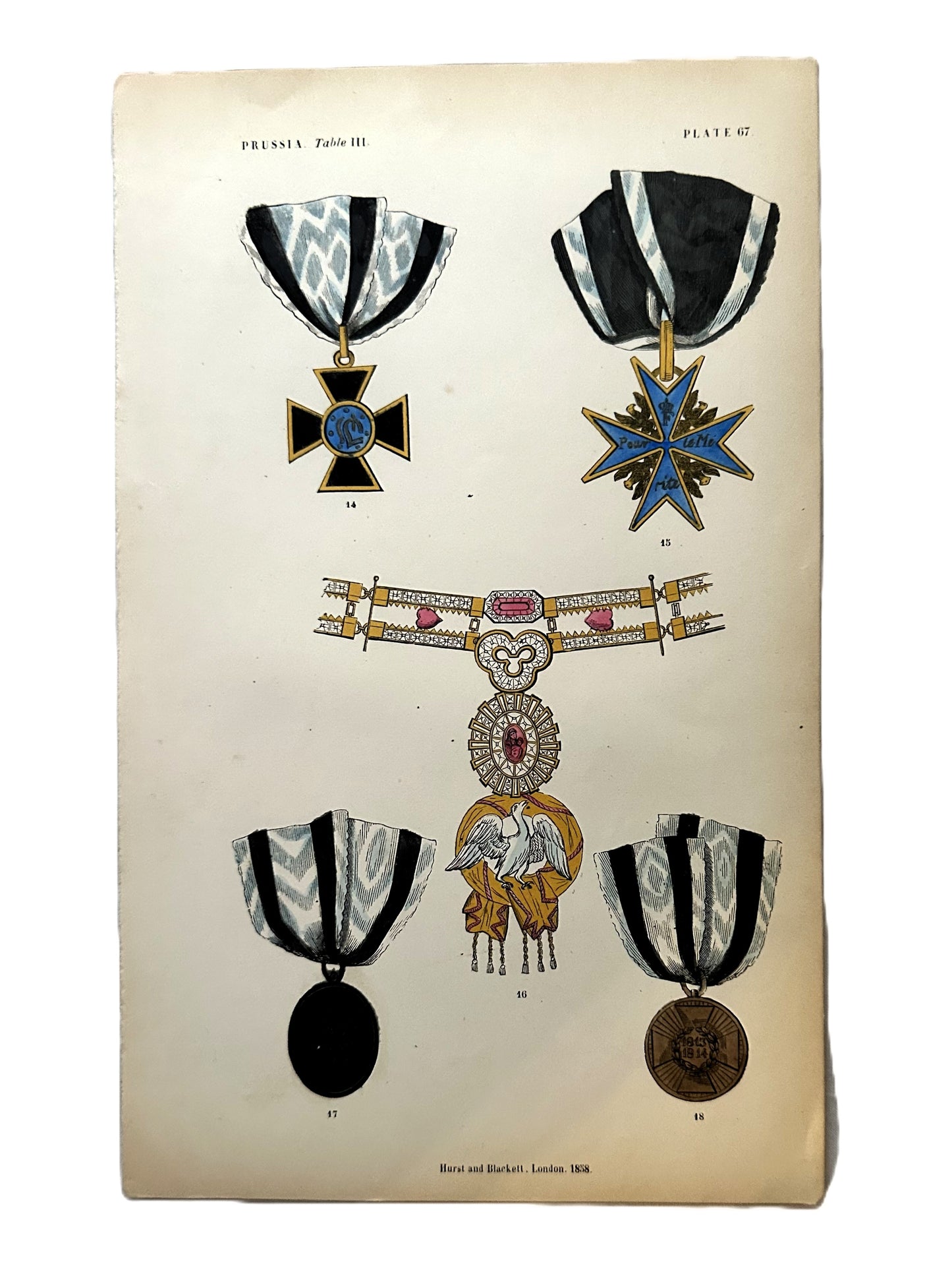 Set of 19th Century Hand-Colored Prints of German Military Medals