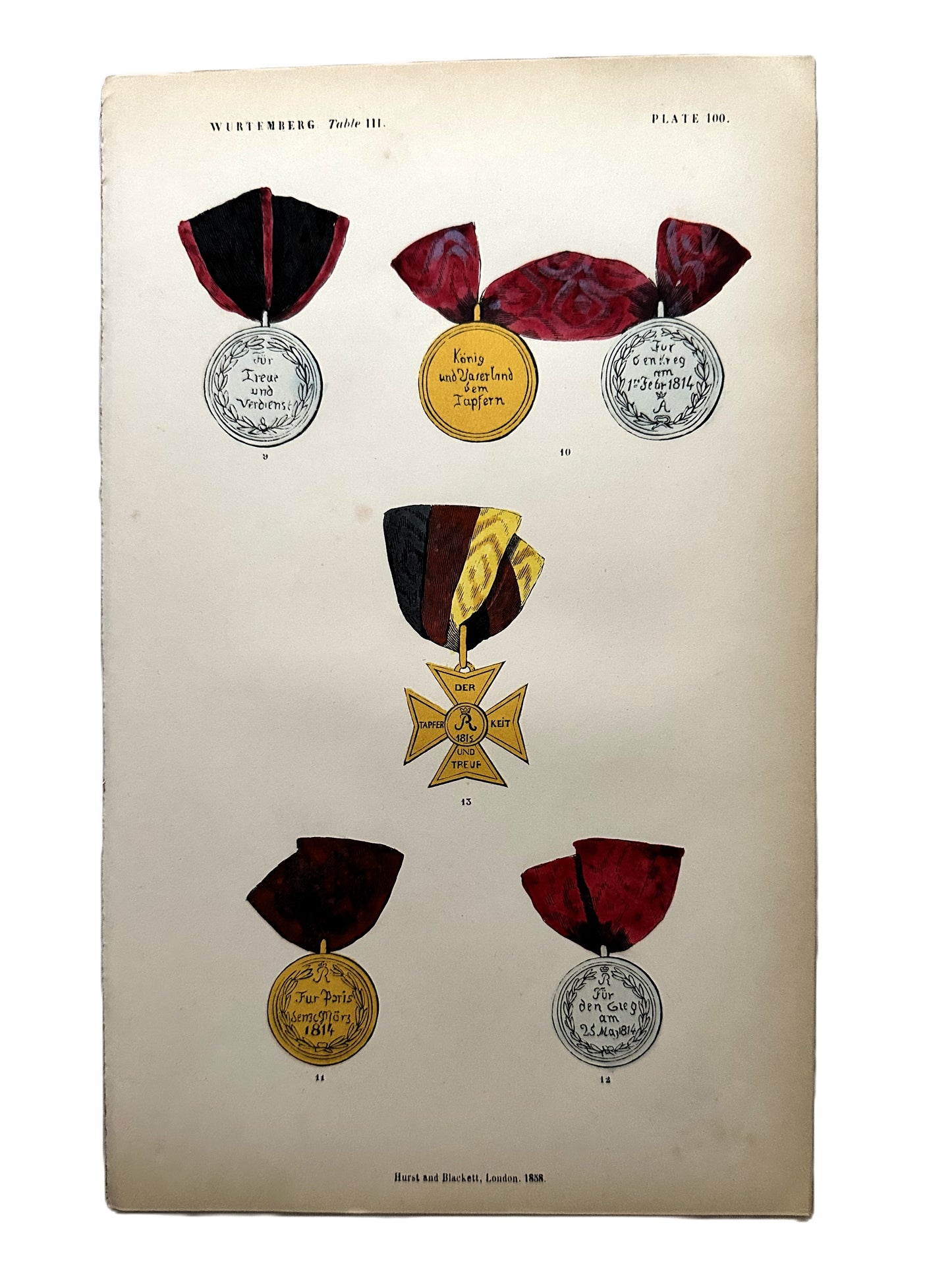 Set of 19th Century Hand-Colored Prints of German Military Medals