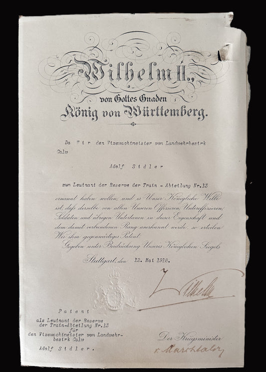 Königreich Württemberg Officer's Patent - 1918