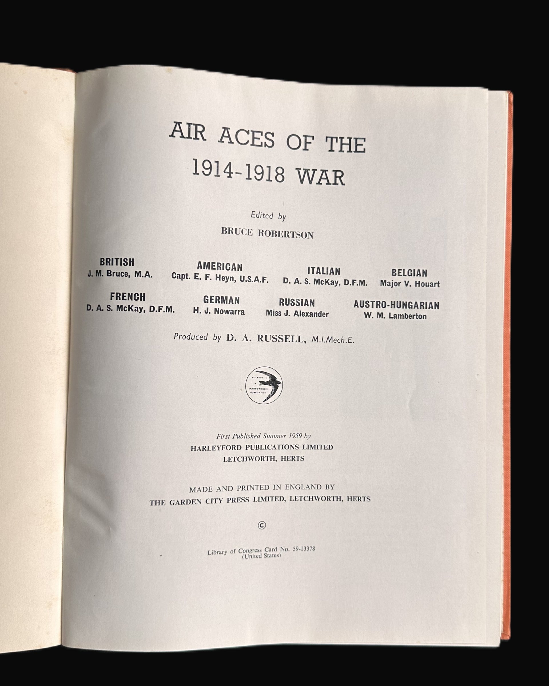 Air Aces of the 1914–1918 War – Bruce Robertson, 1959 Harleyford