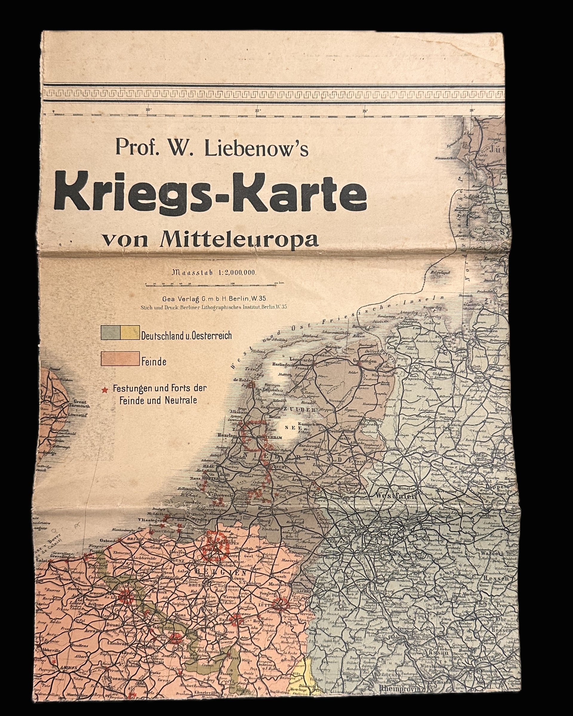 WWI German Kriegs-Karte von Mitteleuropa Folding War Map by Prof. W. Liebenow